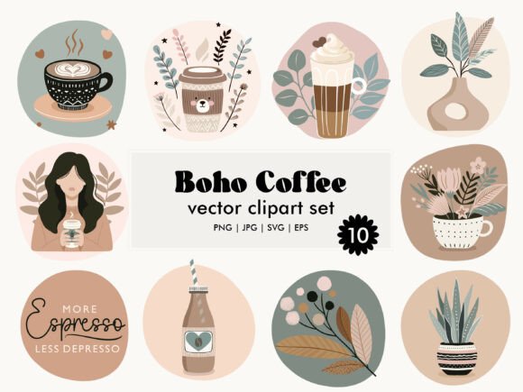 Boho Coffee Vector Clipart Set: Strategic Visual Assets for Brand Cohesion