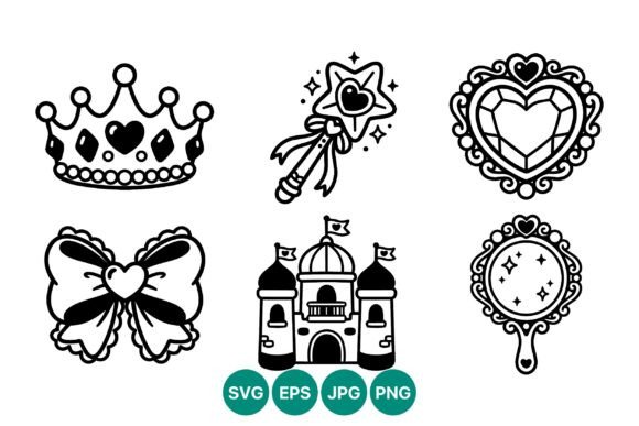 Princess Crown Magic Wand Castle Line Art